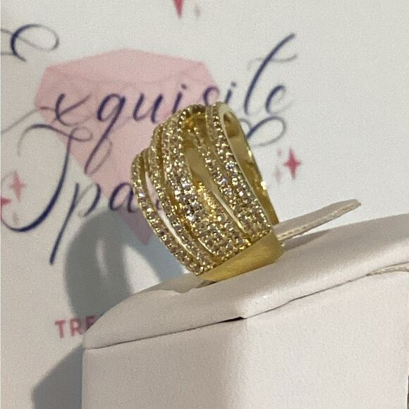 💛18k Gold Wide Band Micro Pave Cz Diamond Crisscross stacked Diamond Ring - Picture 13 of 16